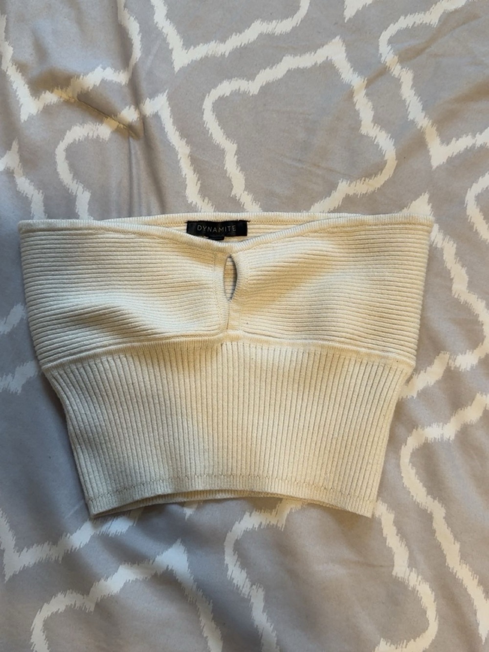 Dynamite Cream Ribbed Strapless Crop Top with Keyhole